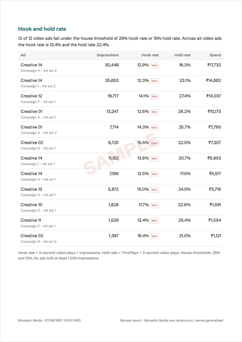 Sample report page: hook and hold rate for every video ad