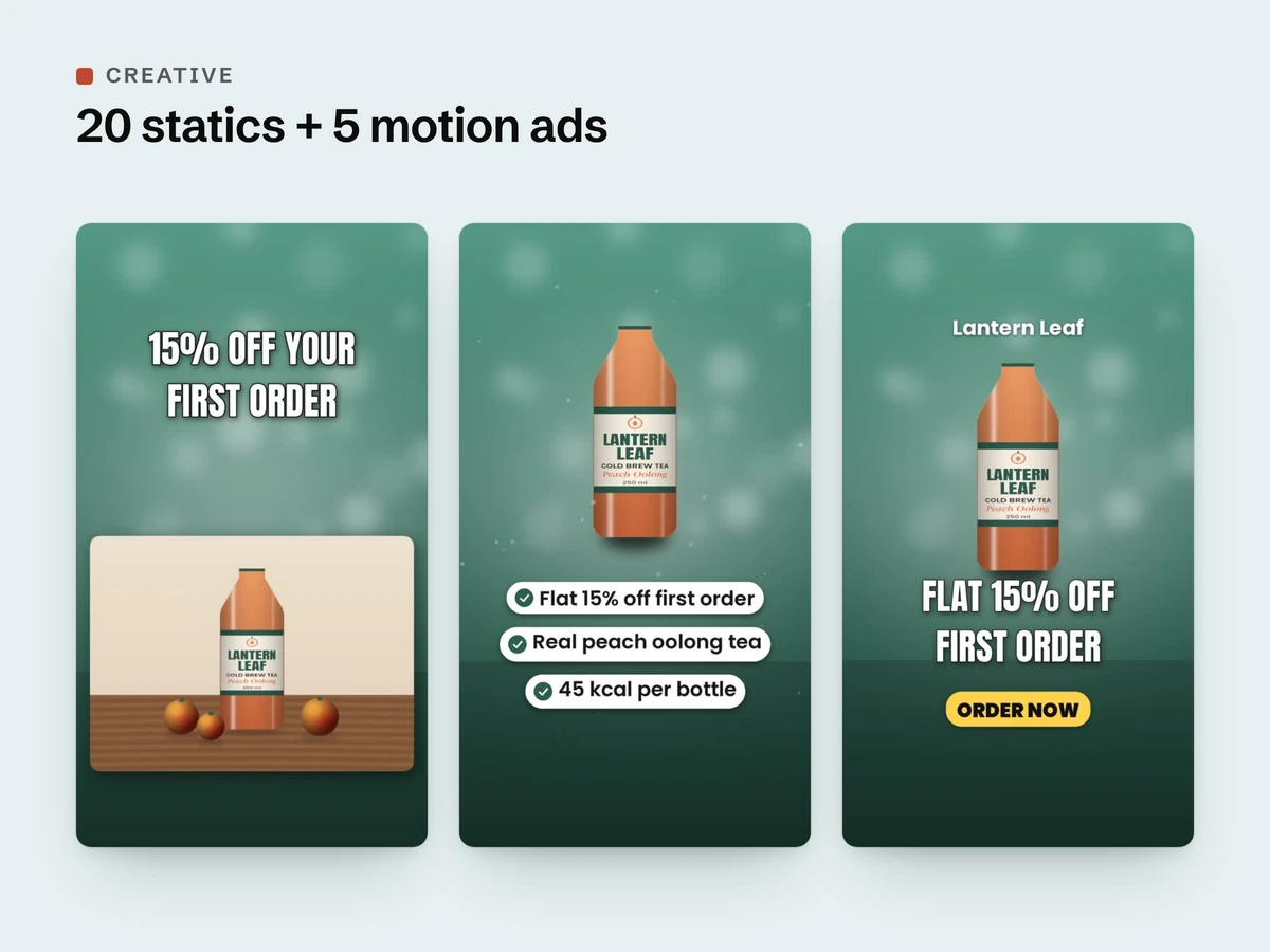 Three frames from one 9:16 motion ad: opening line, benefit chips and end card