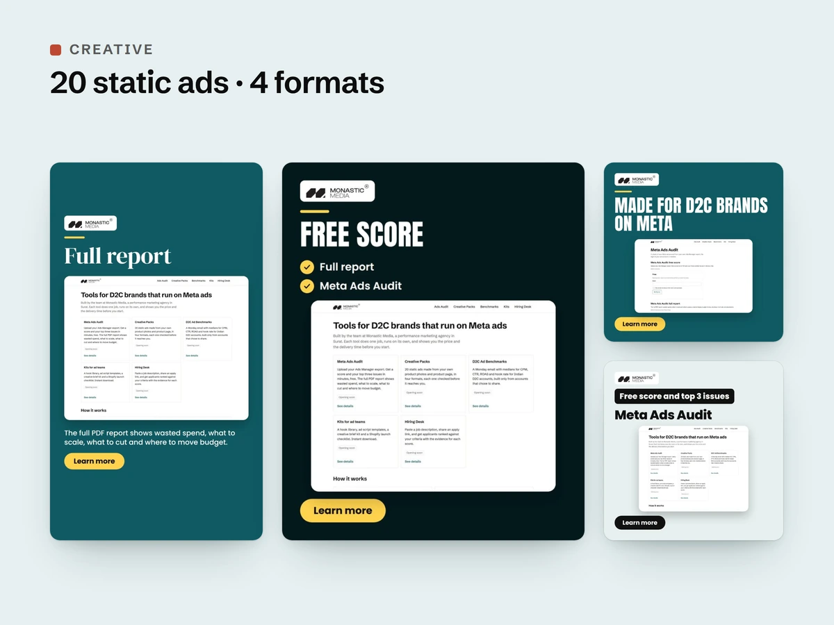 Four ads from a real statics pack: story, portrait, square and offer formats