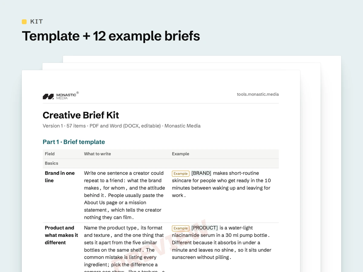 Creative Brief Kit: the real first page with two inside pages behind it