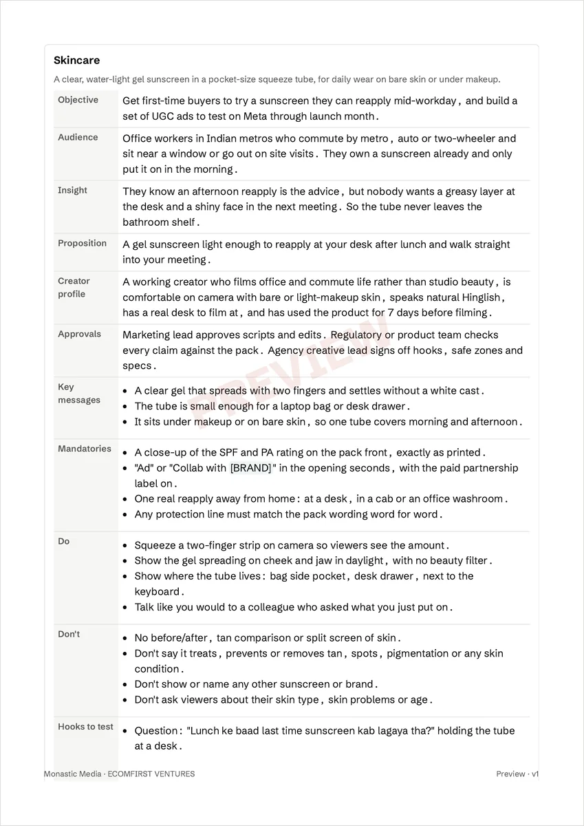 Creative Brief Kit page: a filled example brief for a skincare product