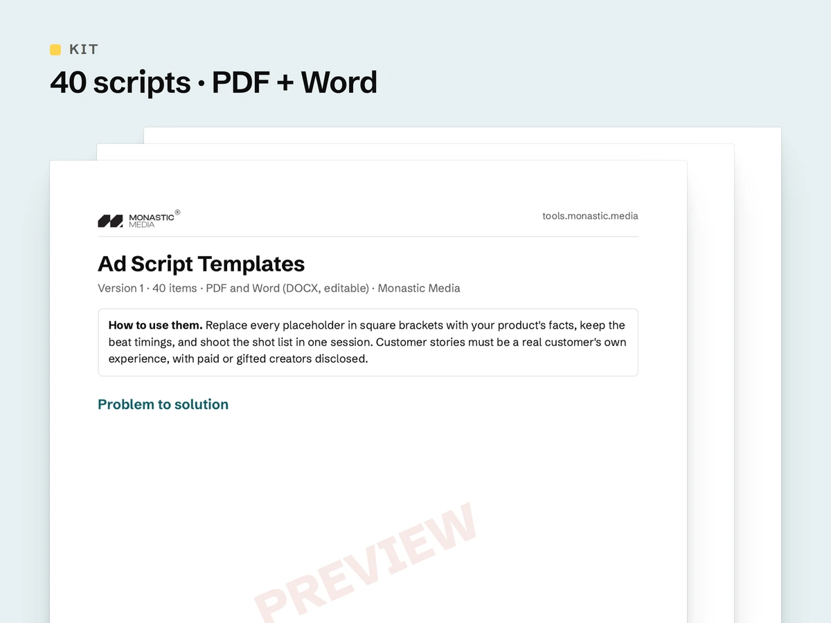 Ad Script Templates: the real first page with two inside pages behind it
