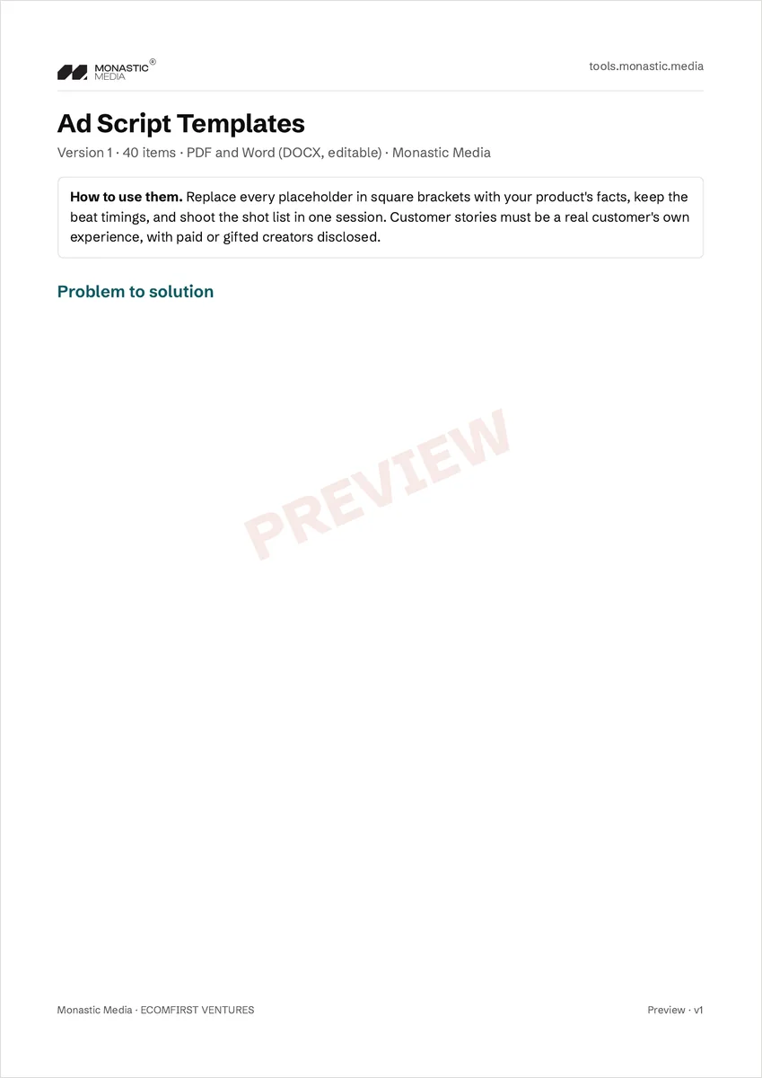 First page of the Ad Script Templates with how to use them