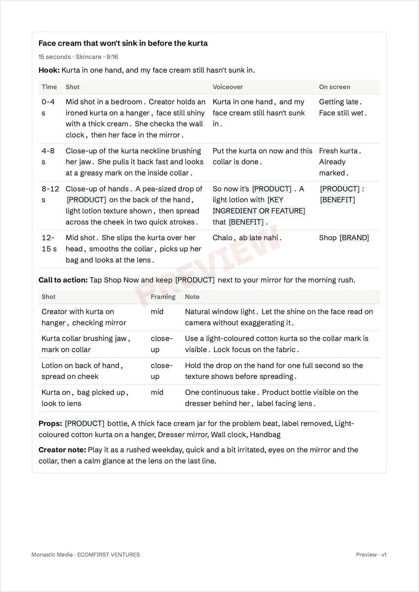 Ad script page: a 15 second problem-to-solution script with timed beats, voiceover and on-screen text
