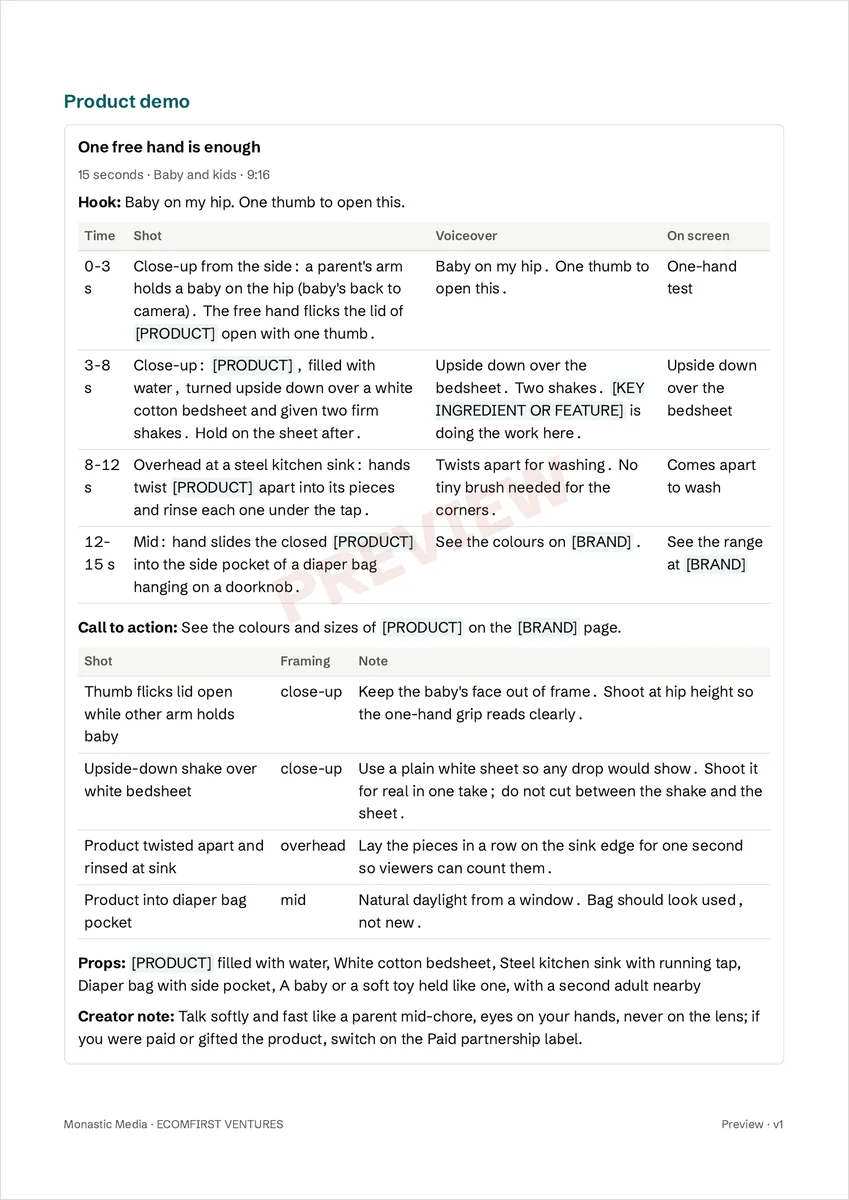 Ad script page: start of the Product demo section