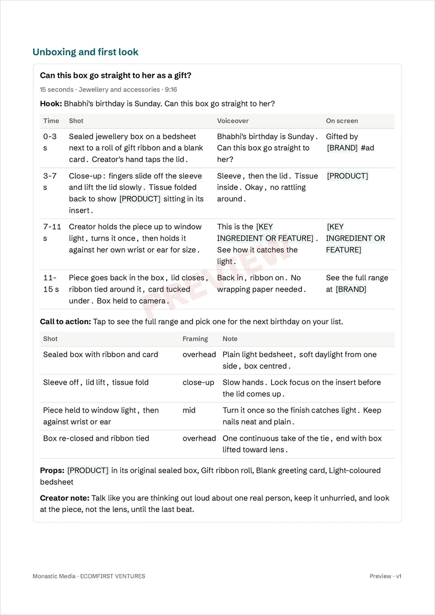 Ad script page: start of the Unboxing and first look section