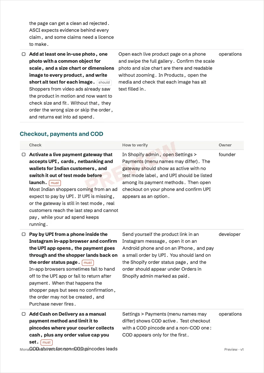 Checklist page: Checkout, payments and COD